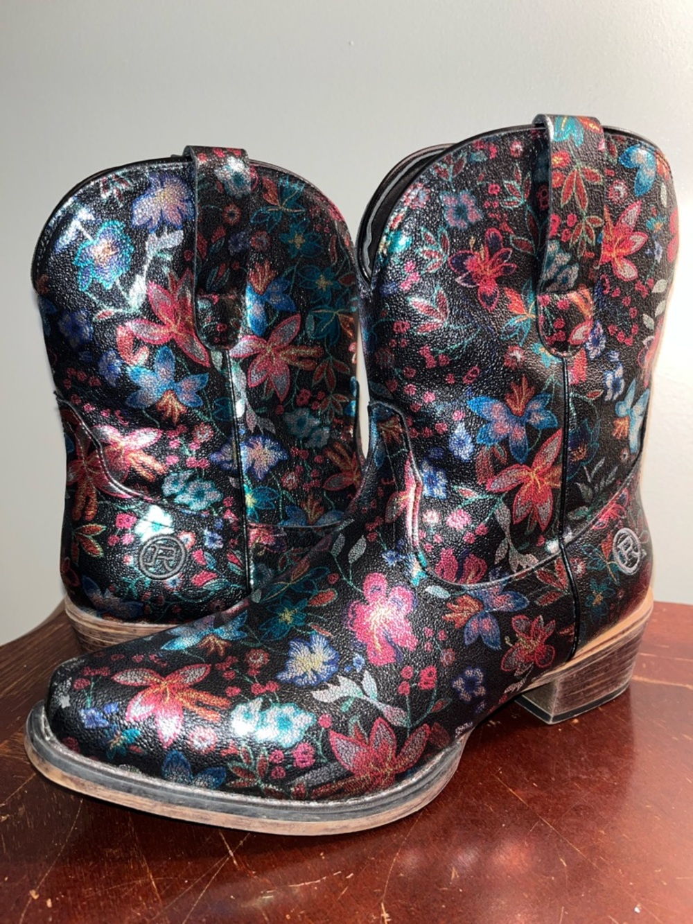 Roper Black Floral Metallic Ankle Cowboy Boots